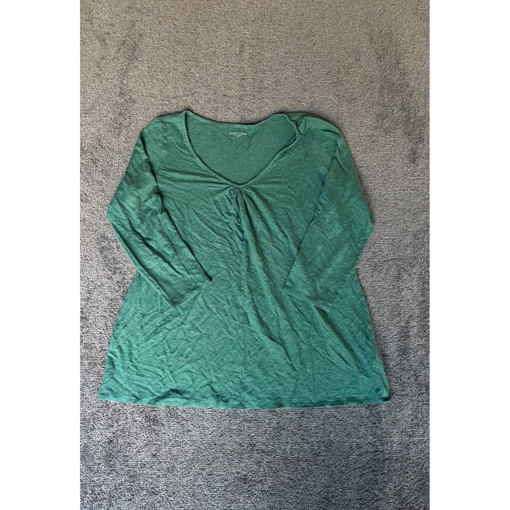Eileen Fisher Women's blouse M Green 100% Linen Round Neck Long Sleeve Pullover
